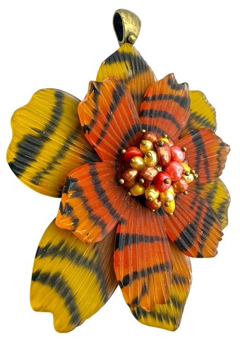 Vintage Lucite Bengal Tiger Blume Anhänger für Halskette mit echten Perlen - Bild 4 von 7