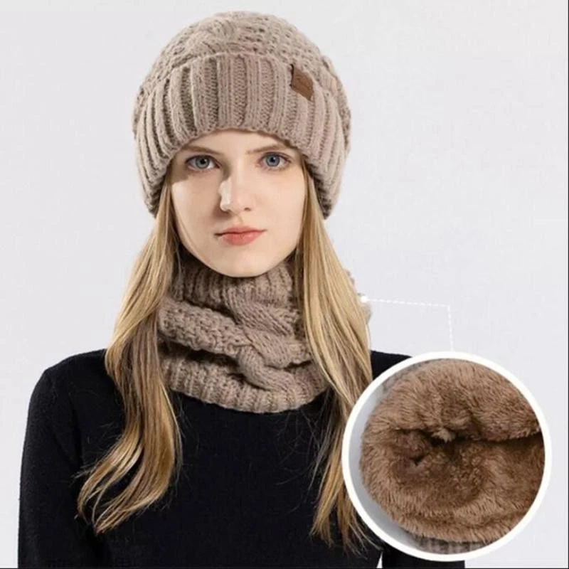 Women's Winter Knitted Hat and Scarf Set Fleece Lined Warm Skullcap Outdoor Bean