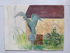 Vintage Watercolor Painting Copper Weathervane Bird Flowers 13 x 10 OOAK