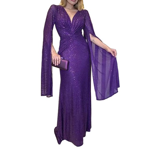 Long Sleeve Draped Sleeve Maxi Dress Women Deep V Neck Elegant Party Dress - Picture 9 of 20