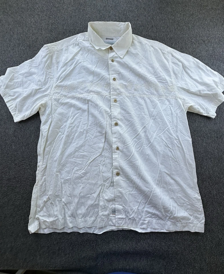 Camisa Quiksilver Edition Para Hombres XL Marfil Palmeras Abotonadas Calce Cómodo Informal Foto 2 de 4