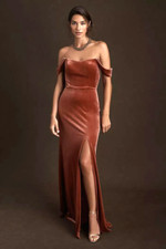 JENNY YOO EVENING DRESS 6 ISSA CINNAMON ROSE OFF SLEEVE VELVET BHLDN NWT $330