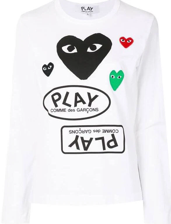 NWT CDG Play White & Black Multi Logo Long Sleeve T-Shirt Size S Comme Des  Gar