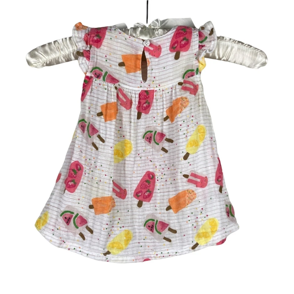 Vestido de musselina gaze estampa novidade picolé torta de lama bebê tamanho 0-3 meses branco - Imagem 2 de 4