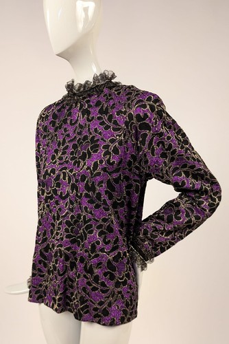 VINTAGE DESIGNER GEOFFREY BEENE METALLIC GOLD LAME LACE + SILK BLOUSE - Picture 3 of 6