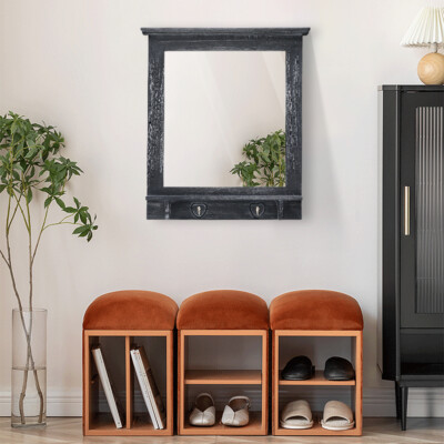 Rustic Wooden Wall Mirror with Keys Coat Hat Hooks Hanger