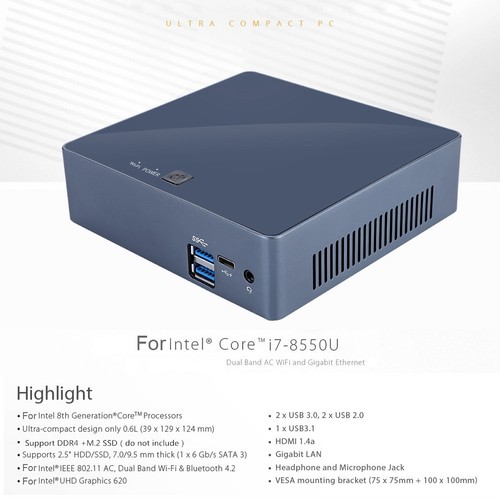 For Intel i7 8550U/i5 8250U Mini PC DIY Quad-Core 2.4/5G WiFi USB 1000Mbps - Afbeelding 17 van 20
