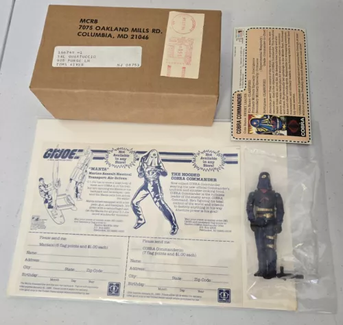 NEW 1984 GI JOE HOODED COBRA COMMANDER MAIL AWAY w BOX FILE CARD ORDER FORM NICE