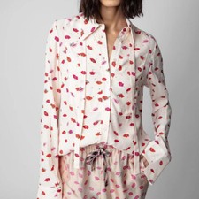 Zadig Voltaire Women's Slim Neckline Tied With Red Lip Print Long Sleeved Shirt