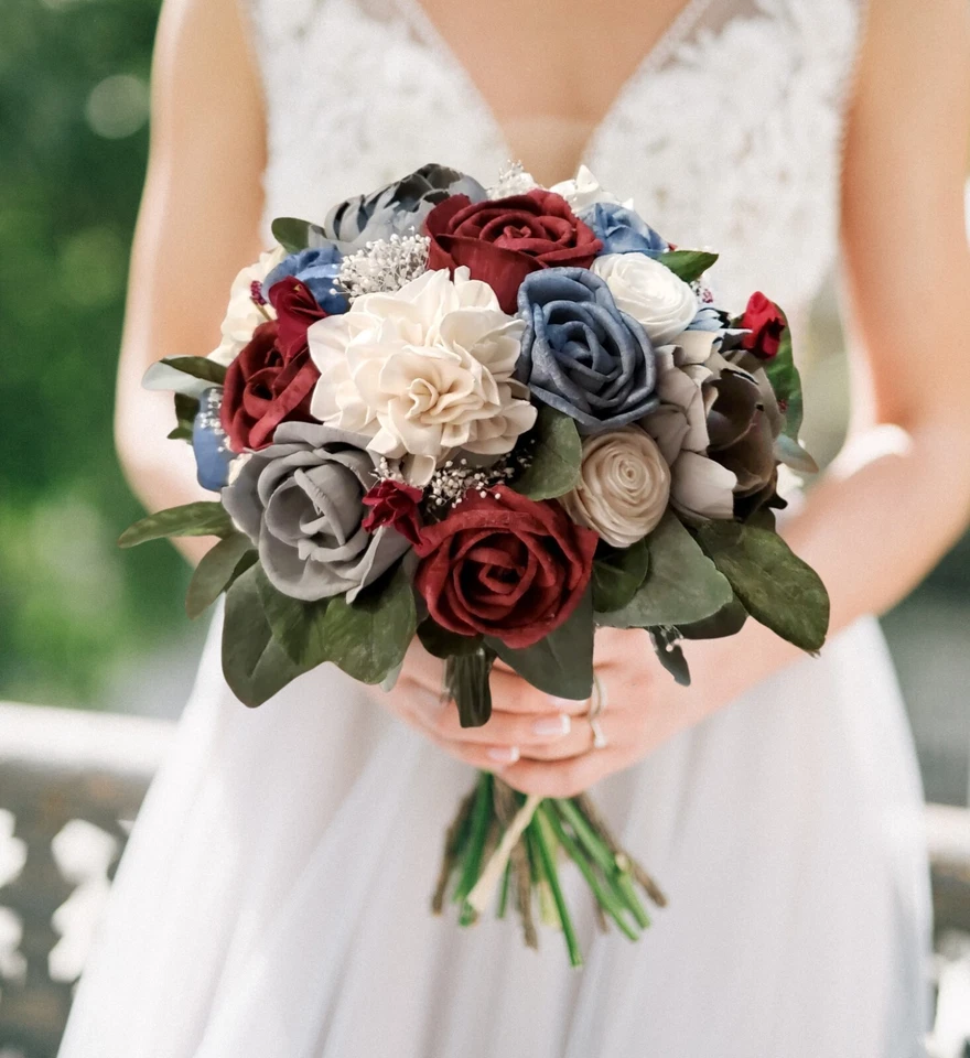 Burgundy Bridal Bouquet Sola Wood Dusty Blue Bridesmaid Gray Wedding Flowers - Image 2 of 3