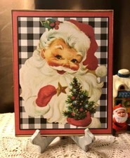 Retro Santa, Buffalo Check, Vintage Christmas Handcrafted Plaque / Sign