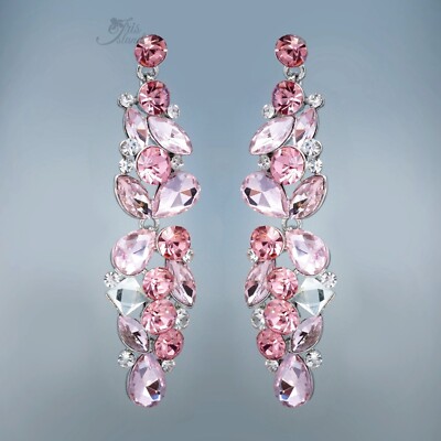 Pink Silver Dangle Crystal Rhinestone Chandelier Earrings Prom Pageant 4352