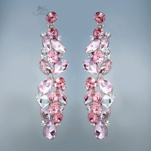 Boucles d'oreilles lustre lustre cristal argent rose strass concours de bal 4352 - Photo 1 sur 5