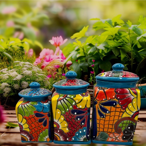 Talavera Turquoise Blue Multicolored kitchen Set Of 3 canister set Extra Large - Picture 6 of 7