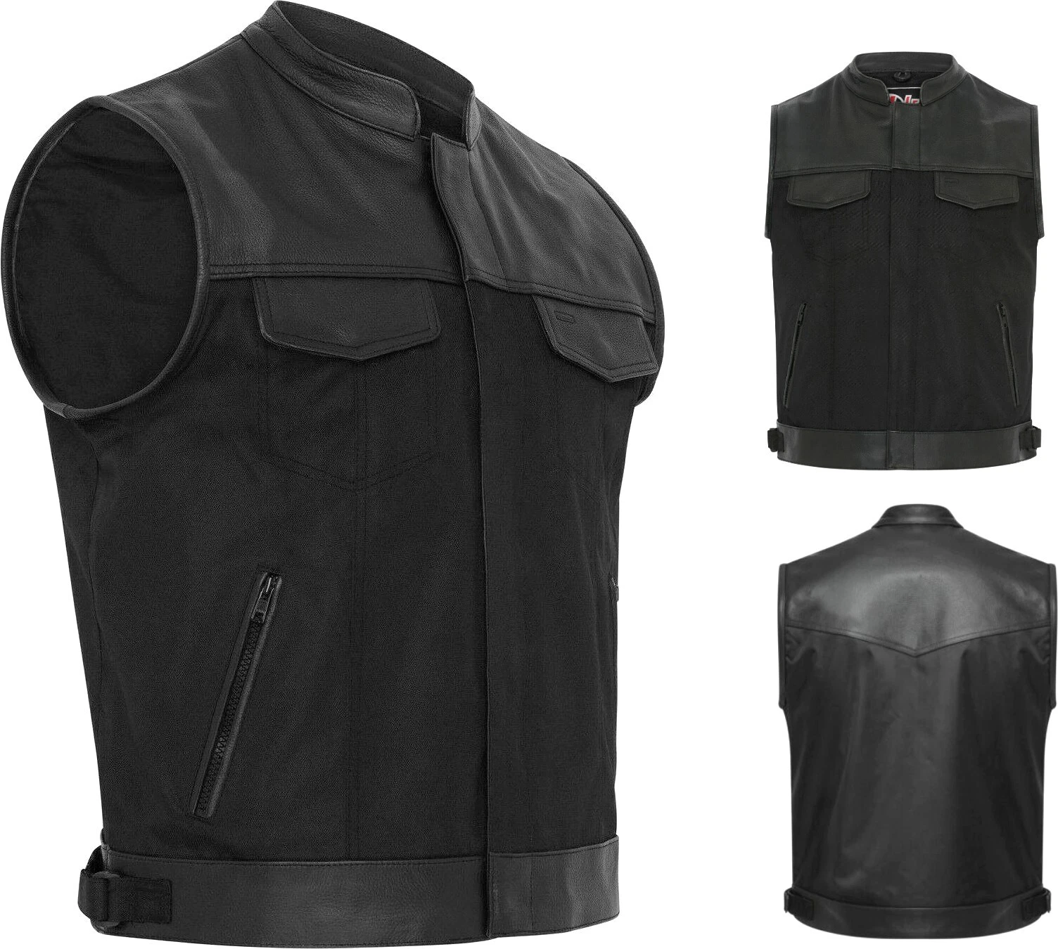 Biker Black Motorcycle Waistcoat Mens Cardura Fabric Vest Genuine Leather Trim
