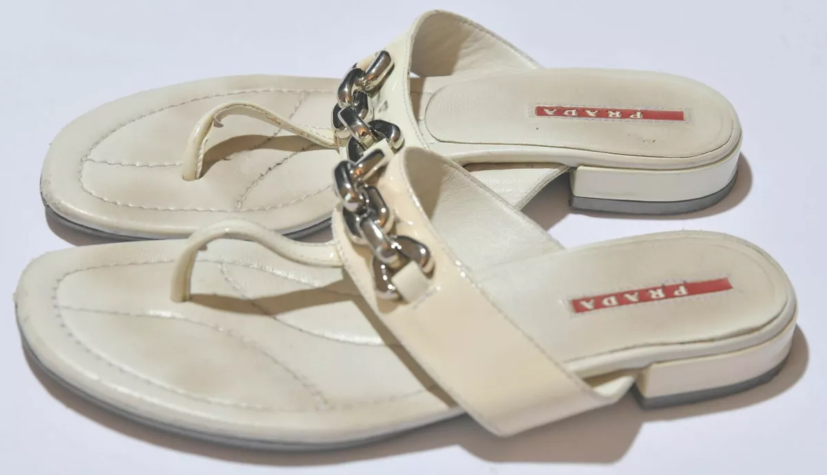 Prada Sandals Flip Flops Woman s Size 36 1 2 Cream White Silver Slip On Leather