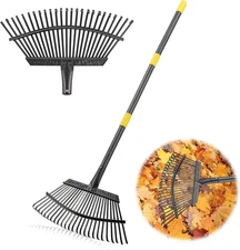 65" Adjustable Leaf Rake with 25 Metal Tines for Yard Cleanup and Thatching