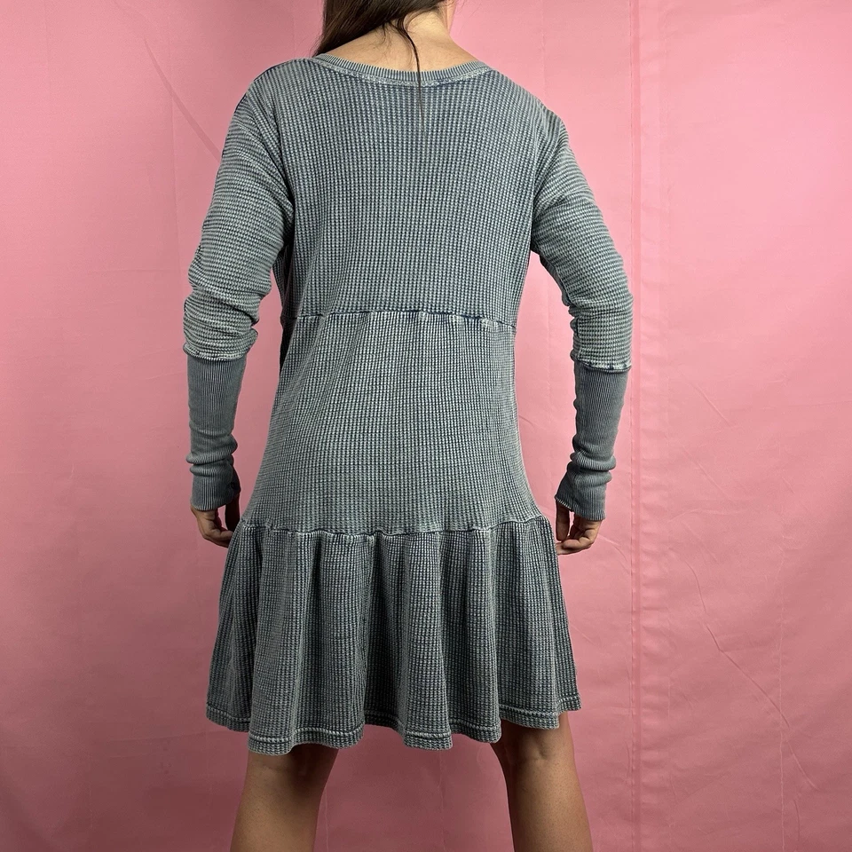 Mini Vestido Jolene Free People One Azul Tejido Waffle Térmico Manga Larga Talla S Foto 3 de 4