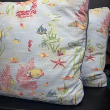 Lot of Two ~ Large Throw Pillows Coral Reef Motif Fabric Light Sea Blue 24”x 24”
