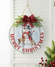 Glitzhome 15 D Wooden Christmas Round Word Sign Door Hanger, NEW