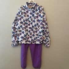 Vintage Duffel Sportswear Fish Print Jacket Purple Pants Womens Large Grannycore