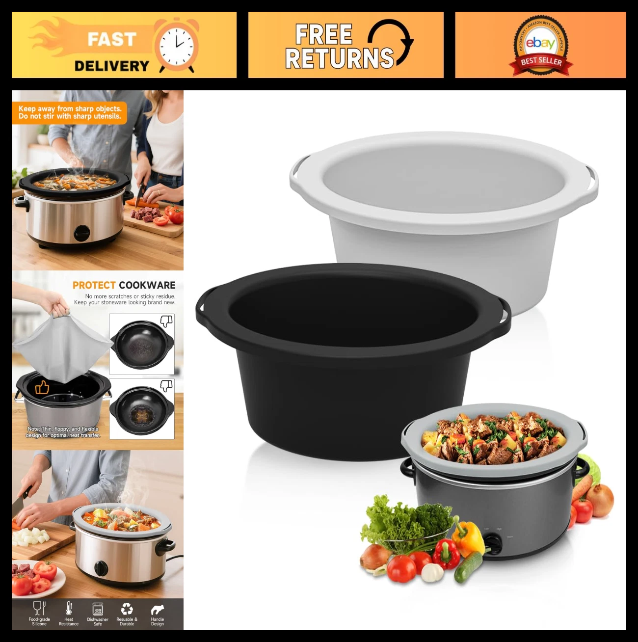 Reusable Silicone Slow Cooker Liners - Food Safe Crock Pot Insert for 6-8 Quart