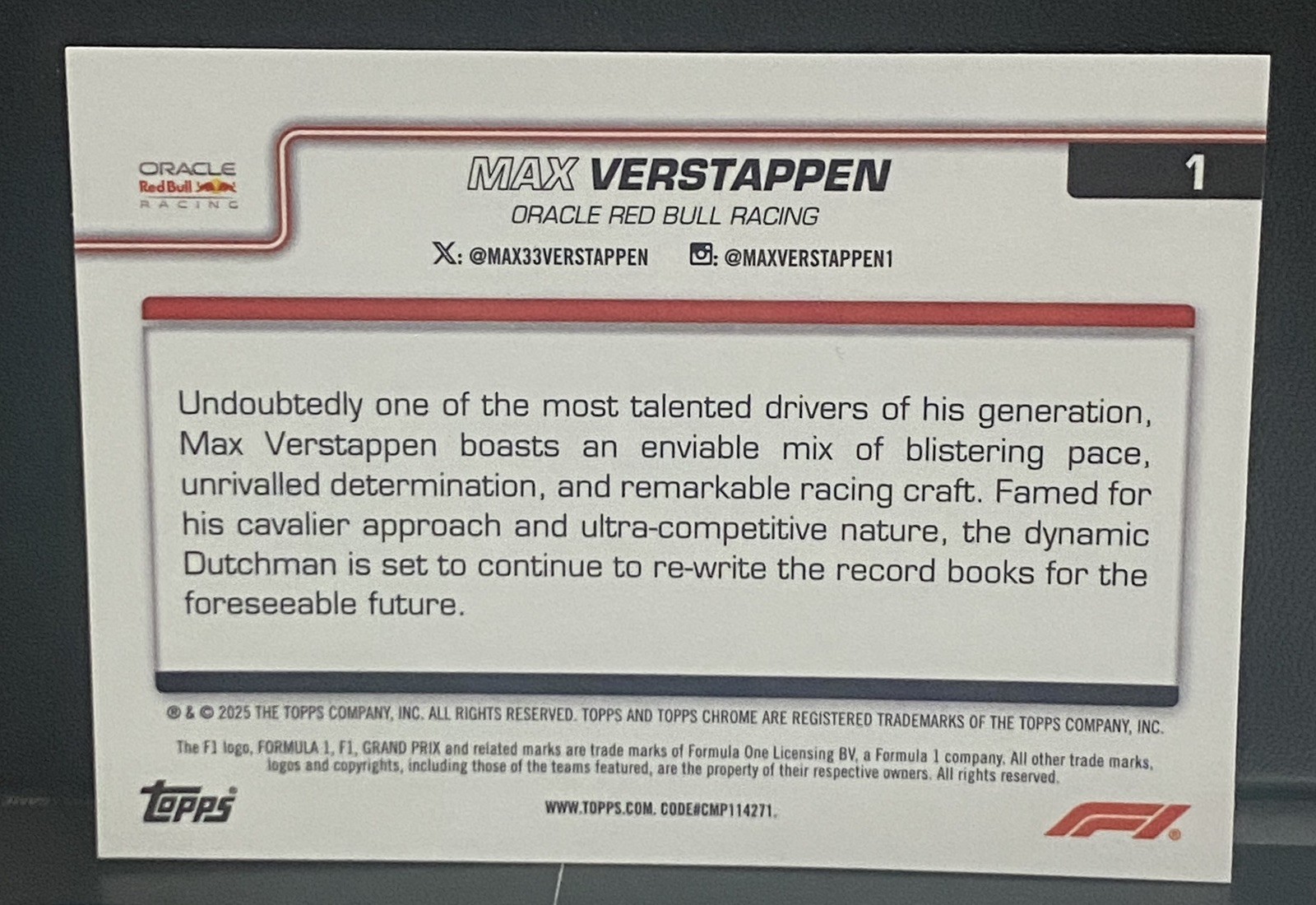 2025 Topps Chrome Formula 1 - F1  Max Verstappen #1 Pink Refractor /250 view 2