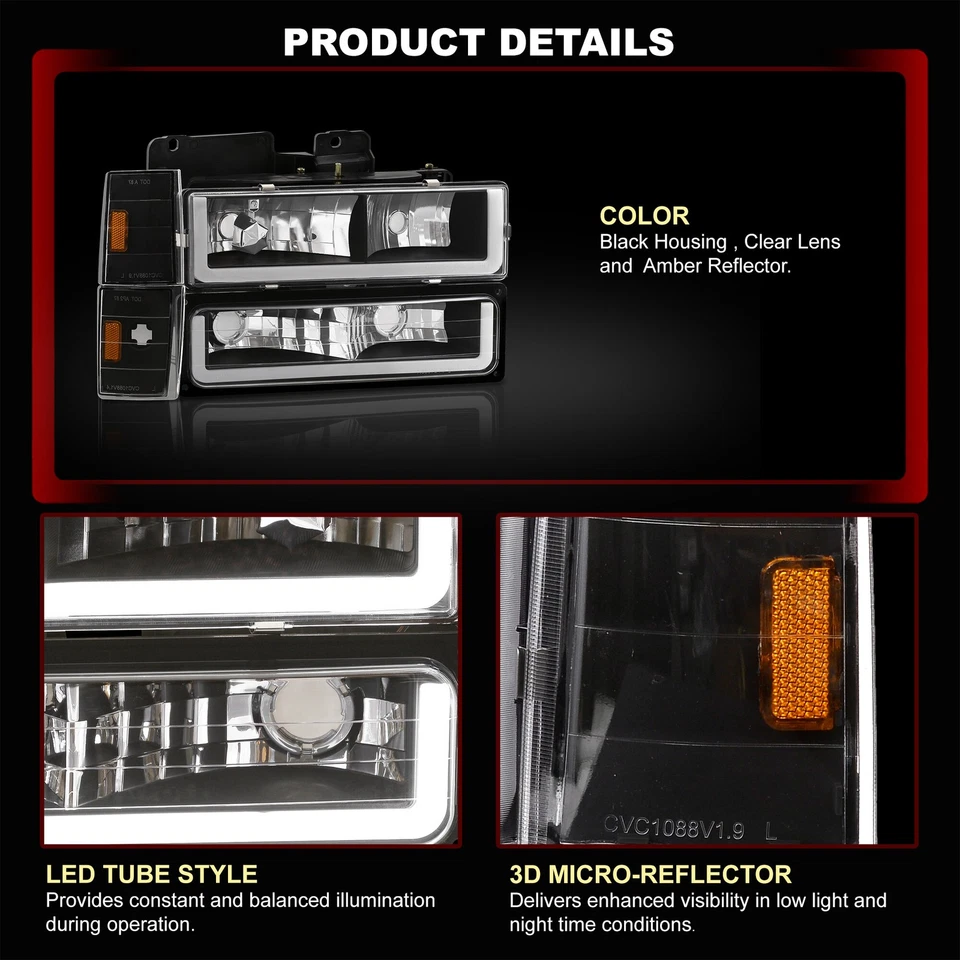 Faros LED tubos negros para 1988-1993 C/K C1500 C2500 C3500 + juego de parachoques de señal Foto 3 de 4
