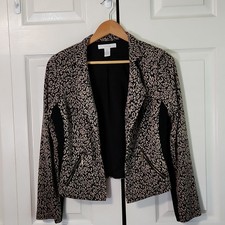 Chicos Leopard Print Moto Style Blazer Jacket Size SM Mixed Media Chic Casual