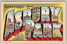 1945 GREETINGS from ASBURY PARK NJ LARGE LETTER LINEN VINTAGE POSTCARD