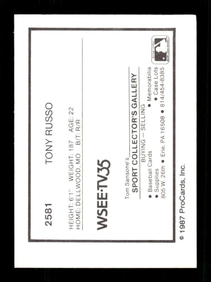 1987 ProCards Erie Cardinals 2581 Tony Russo BXCP30 - Image 2 of 2