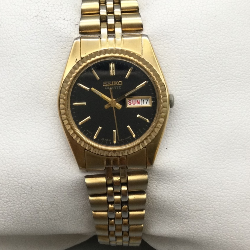 Vtg Seiko Watch Womens Gold Black Dial Day Date 24mm 7N83-0041 New