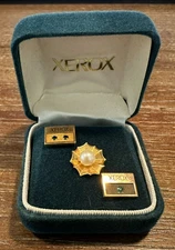 2 VINTAGE 1980's XEROX 1/10 10K GF Yellow Gold Pin 2 Green & 1 Green Sapphires