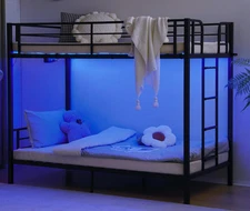 VINGLI Metal Bunk Bed Frame Twin over Twin with LED Lights, Non-Slip Ladder, Ful