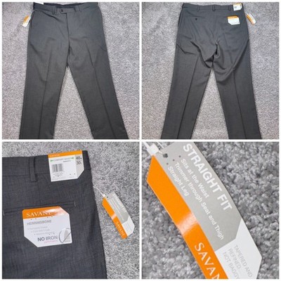 Savane Dress Pants Mens Straight Fit No Iron Herringbone Grey Wolf 40x30 NEW