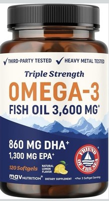MAV Nutrition Triple Strength Omega-3 Fish Oil 3600mg 120 Softgels Lemon