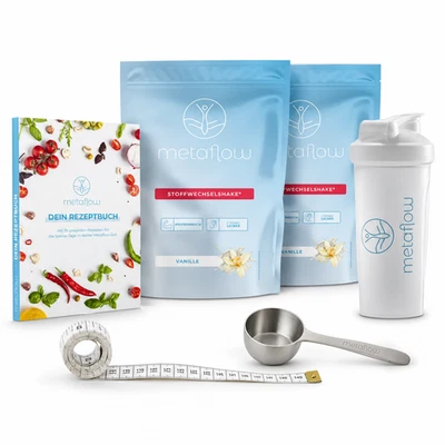MetaFlow Starter Set 2x Stoffwechsel Shake Vanille Shaker,Rezeptbuch,Löffel,Band - Bild 1 von 3