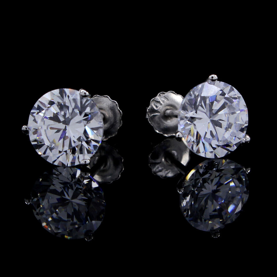 Solitaire Stud Earrings – Round Simulated Diamond, 10K Solid White Gold, Screw Back
