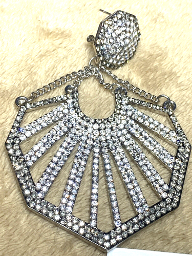 Joan Boyce Signed Earrings Gorgeous Rhinestones 3" L French Clip Silver-Tone VTG - Picture 8 of 19