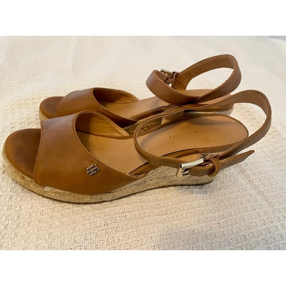 Tommy Hilfiger Sandalias de Cuero Tostado 6 Cuñas de Yute Correa al Tobillo Informal Verano Foto 2 de 4