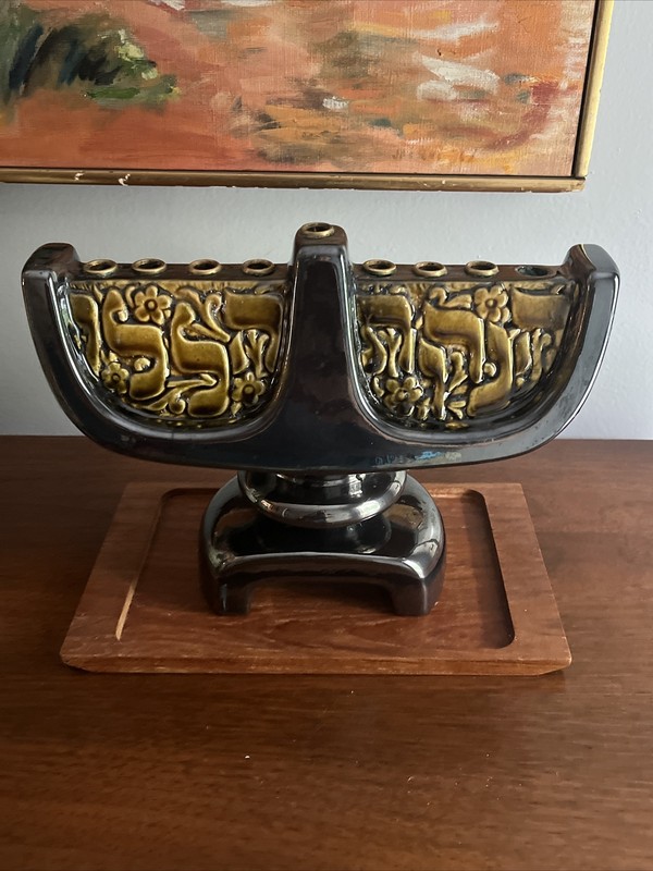Vintage Ceramic Glazed Hanukah Menorah Judaica Signed 10" × 7"