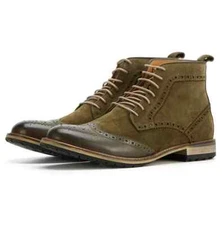 New Olive Green Suede Formal Wing Tip, Brogue Ankle Lace Up Biker Boots For Mens