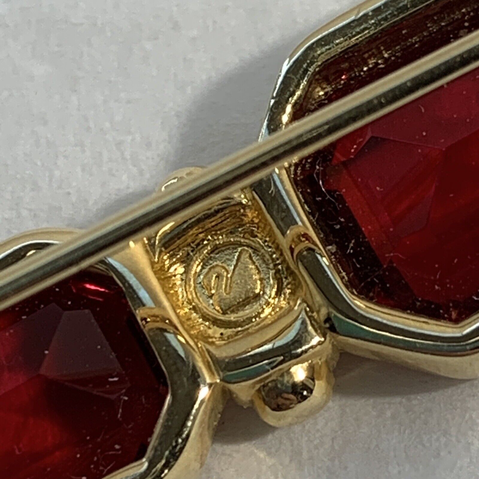 SWAROVSKI Red Crystal Bar Pin Gold Tone Swan Logo… - image 13