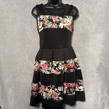 Womens Mini Dress Black Floral Silk Blend Pleated Sleeveless Round Neck Back Zip