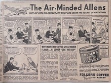 1935 newspaper ad for Folger's Coffee - The Allens fly in Sky Chief, have coffee