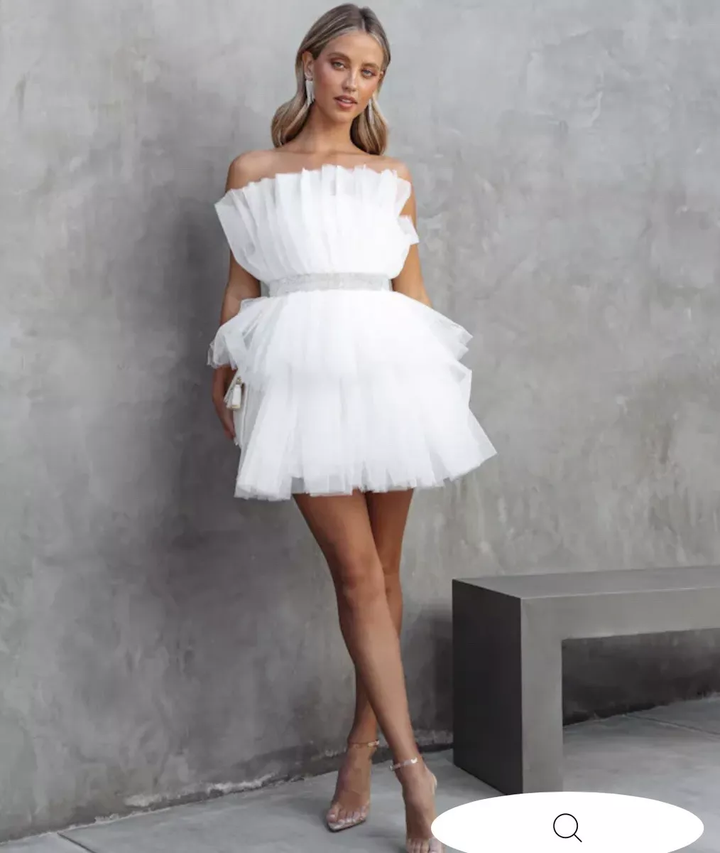 BEAUTY QUEEN STRAPLESS TIERED TULLE EMBELLISHED MINI DRESS - WHITE