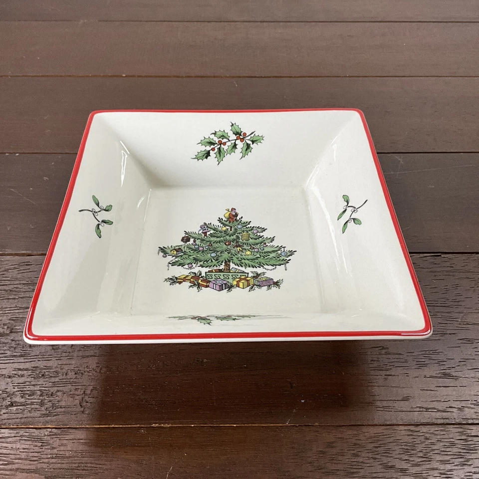 Spode Christmas Tree Red Trim 6" Square Tray Trinket Candy Nuts Dish England - Image 3 of 4