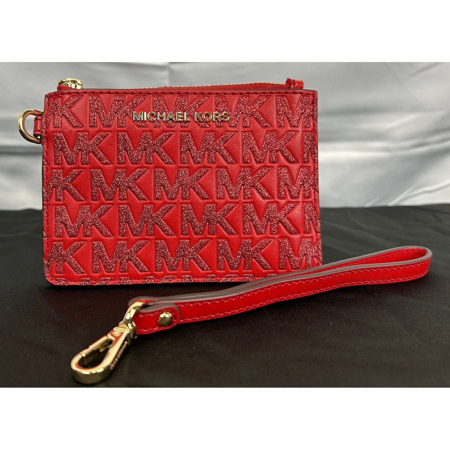 Michael Kors Jet Set Red Glitter Zip Card Holder Wristlet Coin Pouch