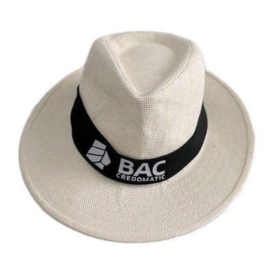 White Fedora Sun Hat Cuban, Panama, White Straw,  BAC Credomatic Logo