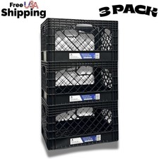 Plastic Milk Crate 3 Pack Stackable Storage Bin Heavy Duty 24QT Black